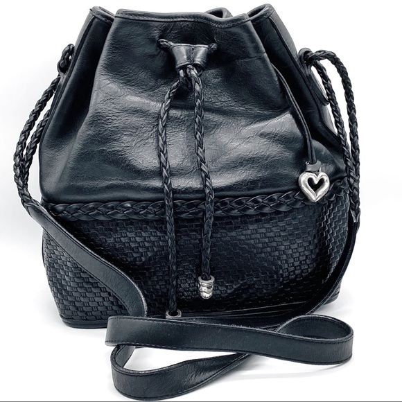 Brighton Handbags - Brighton Black Hobo Bucket Shoulder Bag Medium Braid Drawstring Vintage Leather